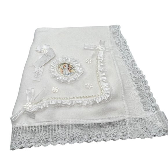 My Baptism Blanket White Christening Blanket Cotton/Fleece With Lace Trim - Picture 2 of 8